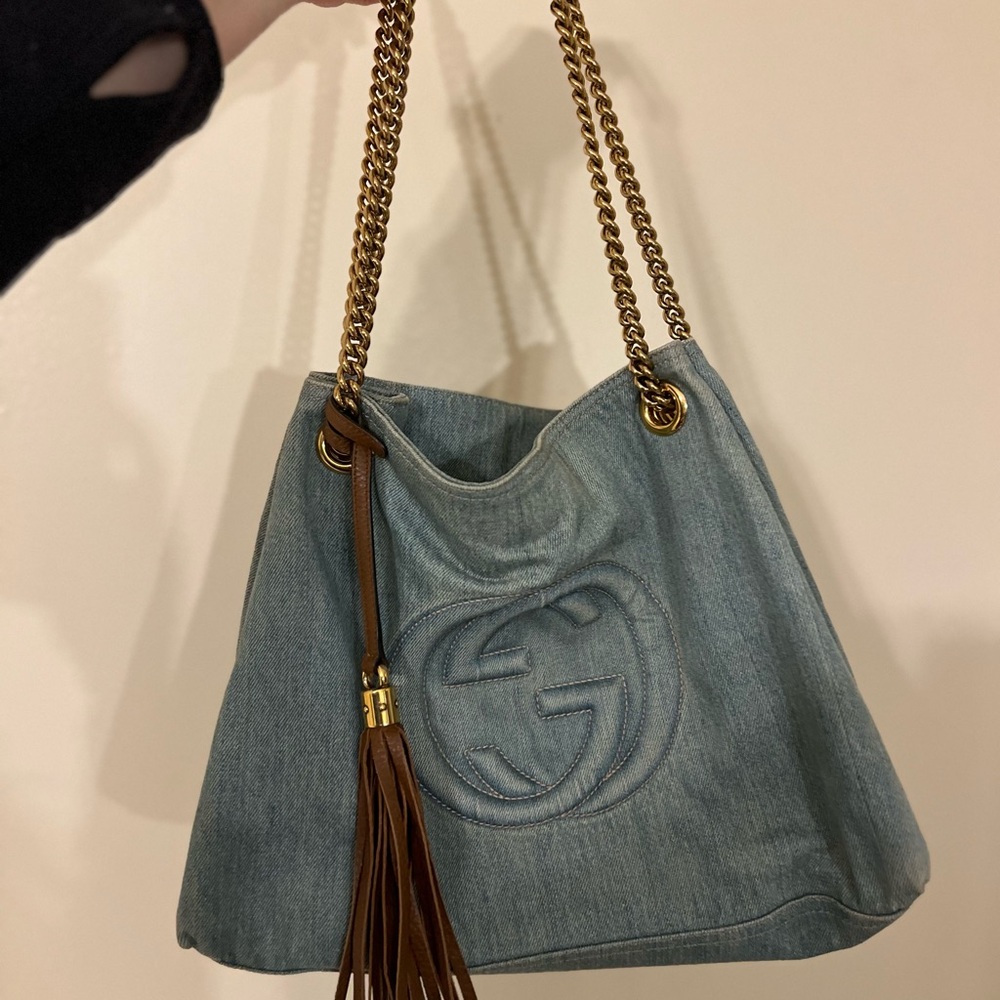 Gucci Blue and Gold Shoulder Bag with Chain Strap